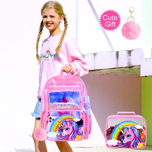 FTJCF 3Pcs Pink Clear Backpack for Girls, kids Transparent Bookbag, Heavy Duty PVC See Through Backpack Set(Pink Unicorn)