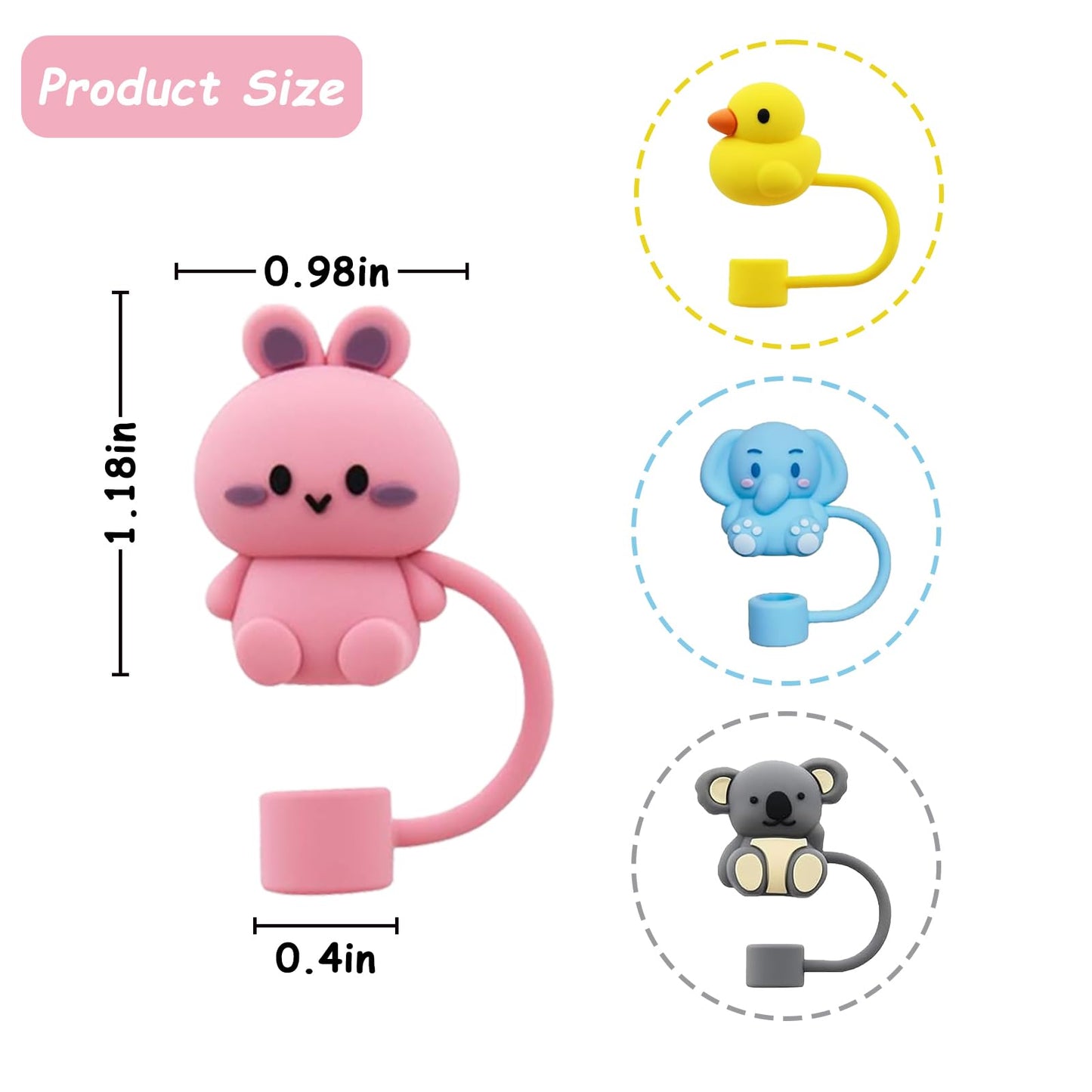 4 Pcs 0.4in Straw Cover for Stanley Cup, Silicone Straw Topper Set for 30&40oz Stanley Tumble, Fit for 10mm/0.4in Straws (Animal)