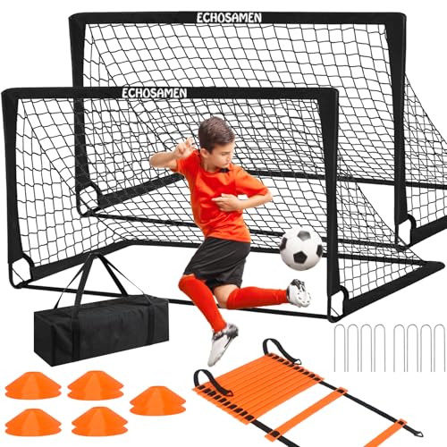 Kids Soccer Goals Set - 2 of 6' x 4' with Cones & Agility Ladder - Black
