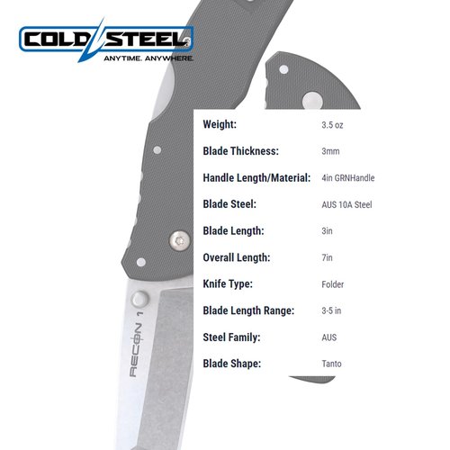 COLD STEEL Mini Recon 1 3" AUS10A Tanto Point Blade 4" GFN Handle Folding Knife w/Tri-Ad Lock, Ambidextrous Pocket/Belt Clip