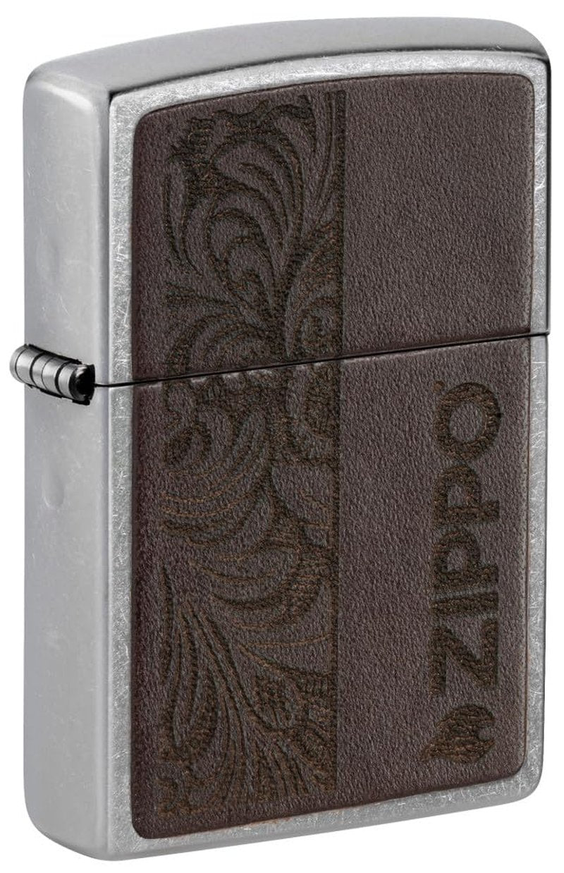 Zippo Brown Leather Emblem Design Street Chrome Pocket Lighter