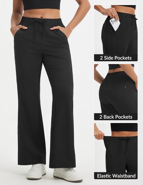 baleaf Women's Hiking Pants Lightweight Water Resistant Travel Flare Pants with Pockets Quick Dry Breathable Drawstring Waist Black L