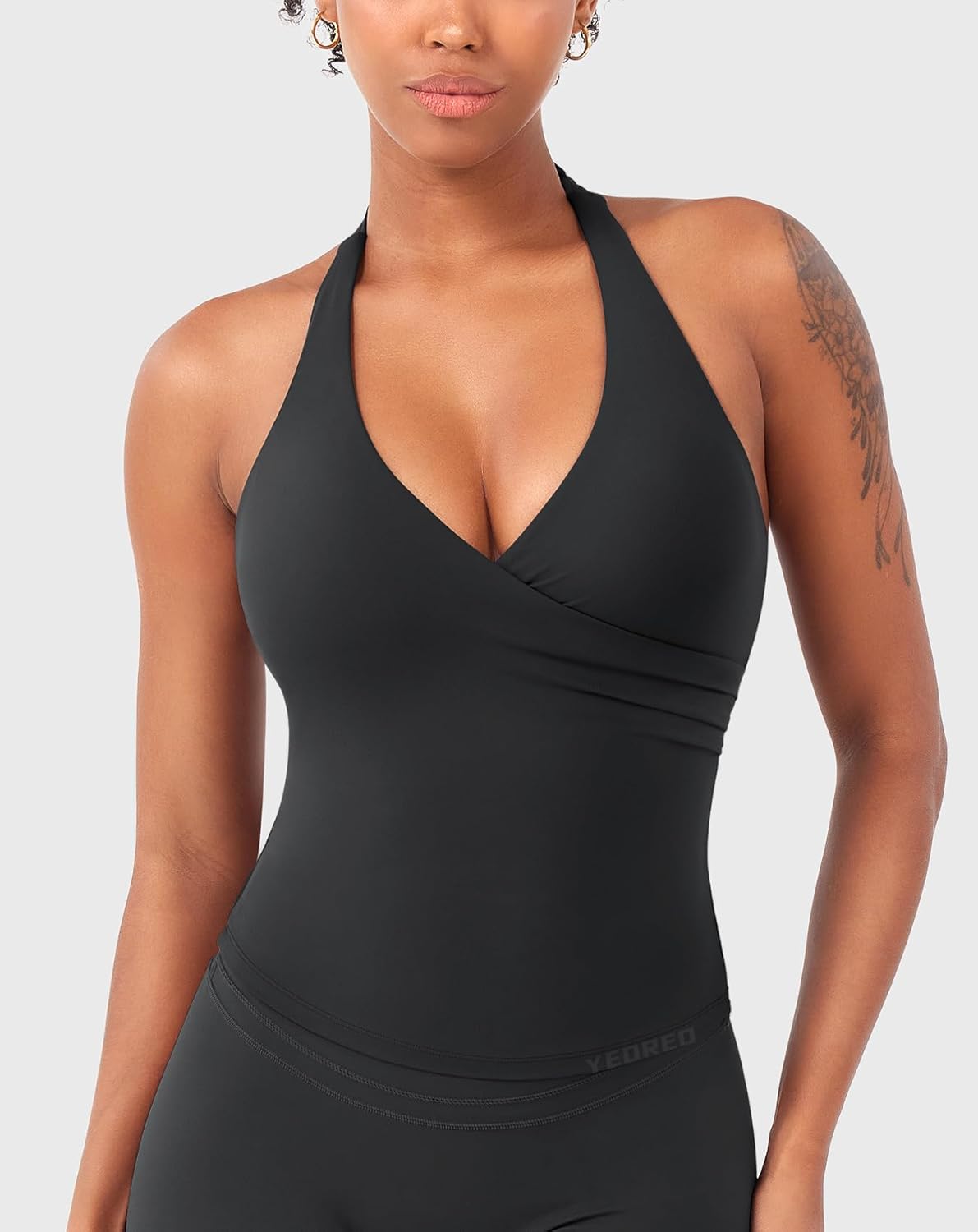 YEOREO Women's Halter Tank Top - Padded Deep V Neck Workout Camisole | Longline Strappy Design