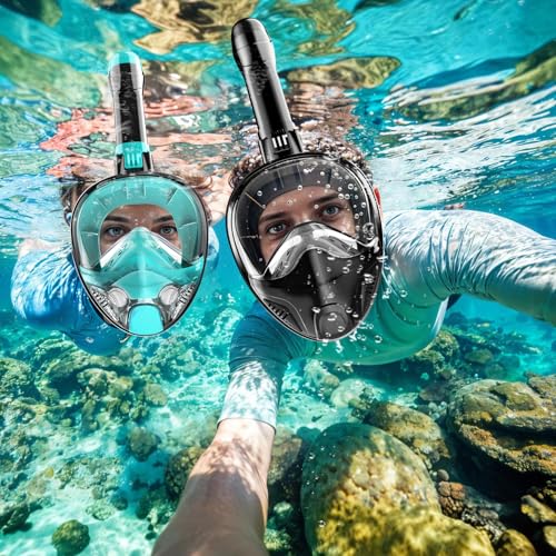 Full Face Snorkel Mask with Detachable Camera Mount - Black Green+Black-S/M