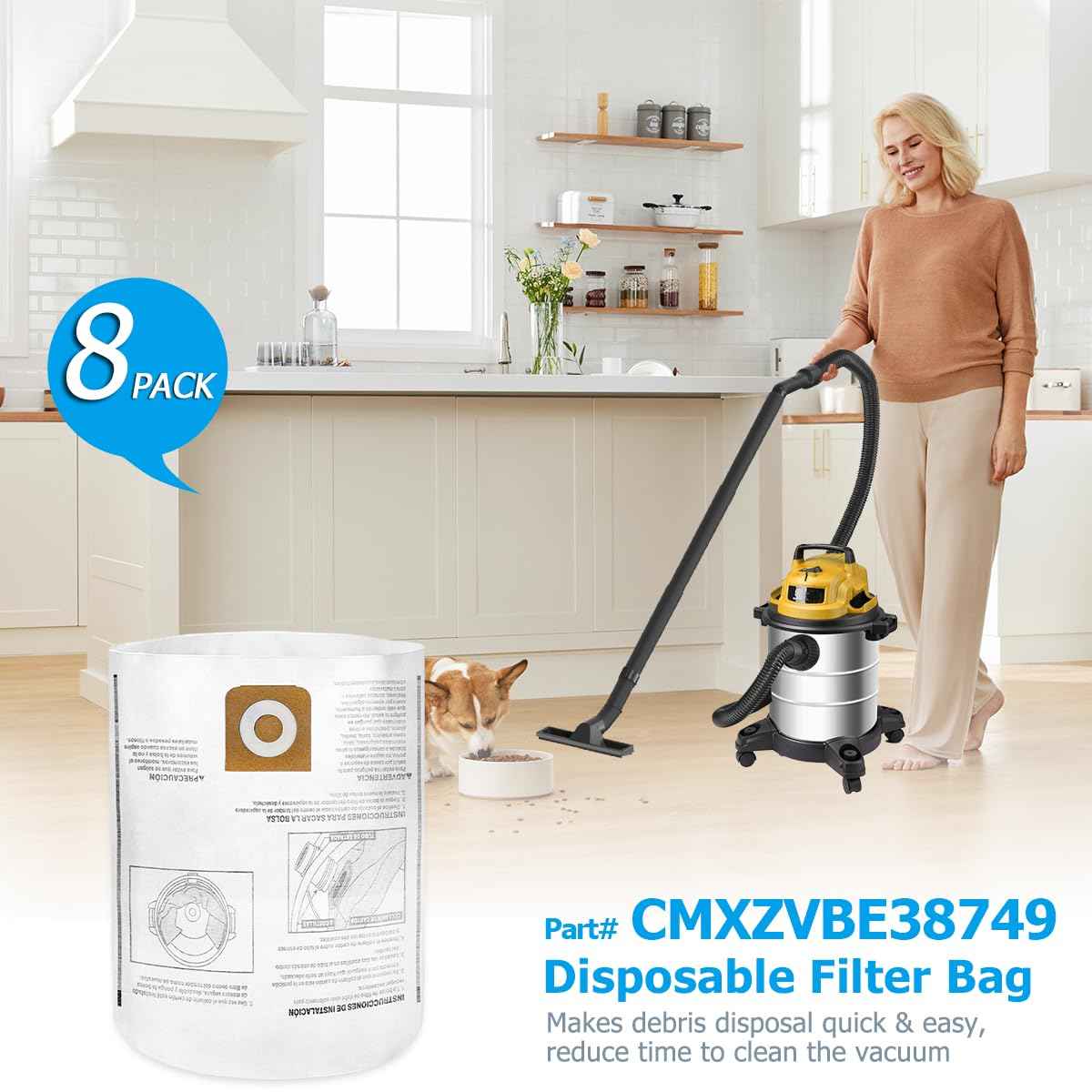 Zibopon 8 Pack CMXZVBE38749 Vacuum Dust Bags Replacement for CRAFTSMAN 16-20 Gallon Wet/Dry Shop Vac Bags: CMXEVBE17595, CMXEVBE17596, Part# 38749