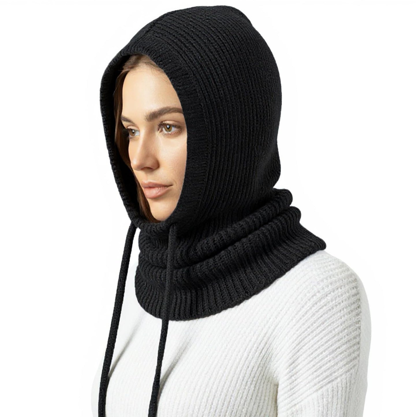 Dresyu Hooded Scarf Hat Snoods for Women Winter Balaclava Neck Warmer Hood Hat with Drawstring,Knit Skull Cap Beanie Men Neck Gaiters Soft Chunky Windproof Pullover Snood for Outdoor