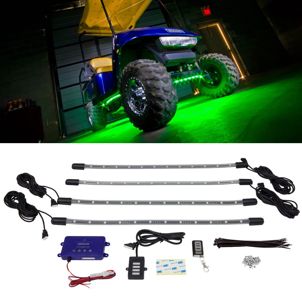 LEDGlow 4pc Standard Million Color LED Golf Cart Underglow Underbody Neon Lighting Kit Fits EZGO, Yamaha, Club Car, ICON, Evolution, Tomblerin, Star EV - Flexible Tubes - Previous Generation Model