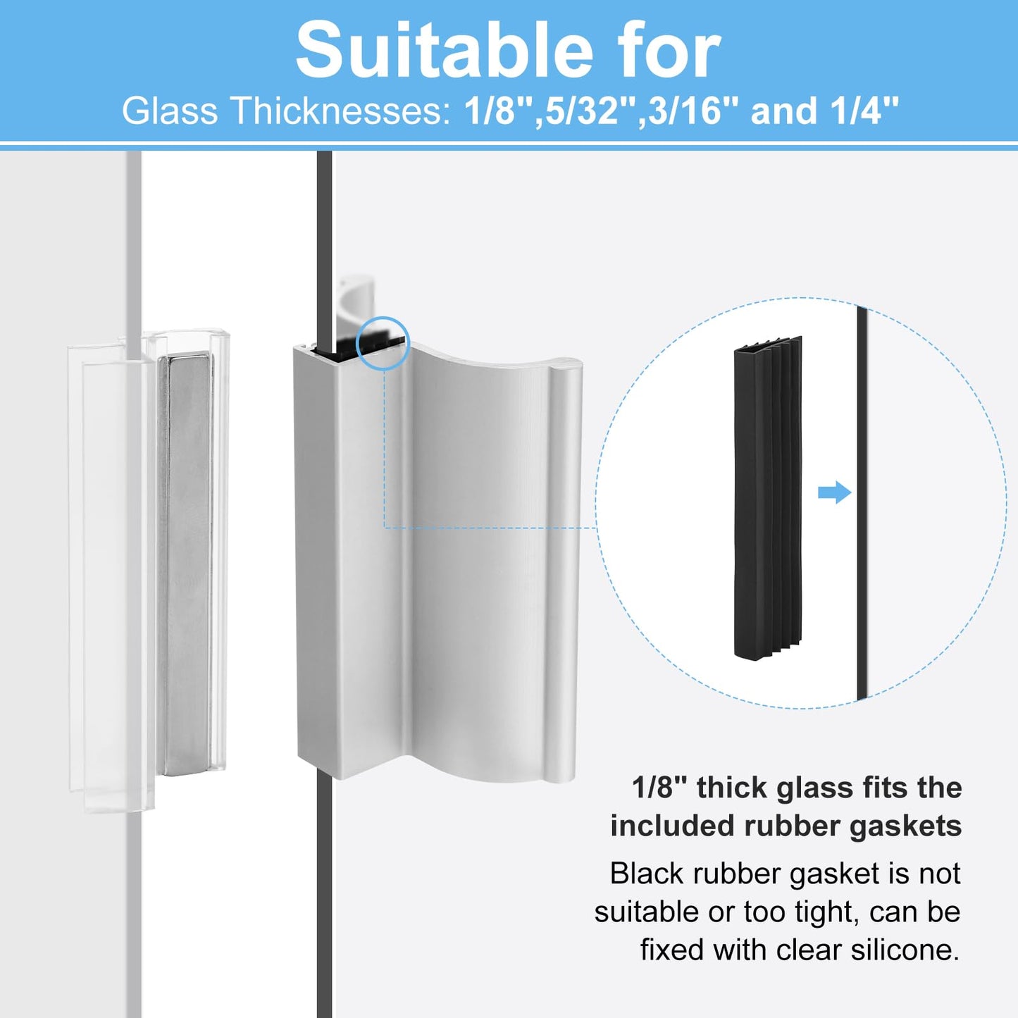 VYH 3" Aluminum Frameless Shower Door Handle with Metal Strike, Stainless Steel U-Channel with Magnet for Swing Glass Door Thickness 1/8",5/32",3/16," and 1/4", Shower Door Replacement