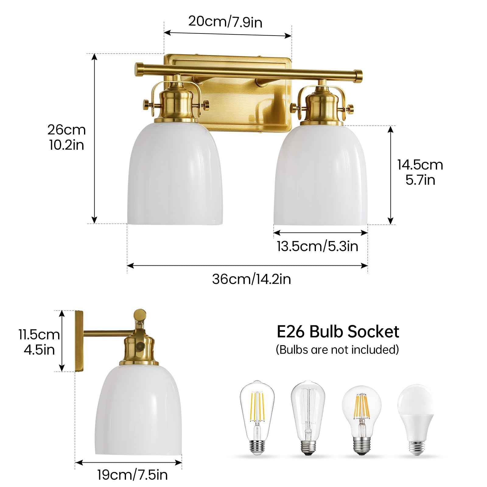 KAISITE Bathroom Vanity Light Fixture 2-Light Brushed Gold Vanity Light with Milky White Glass Shades Bathroom Lighting Fixture Over Mirror 14.2 Inch E26 Wall Sconce(Exclude Bulbs)