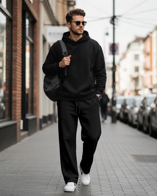 A WATERWANG Men's Fleece Sweatpants Casual Joggers Cotton Loose Fit Open Bottom Athletic Sweat Pants for Men with Pockets Black X-Large