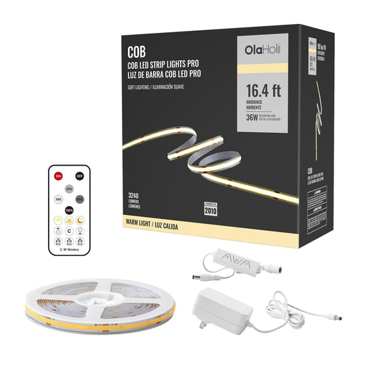 Olaholii 16.4ft COB LED Strip Light with Remote, 3000K Dimmable Bright Warm White Led COB Strip Light, White Continuous Led Strip Light for Mirror, Stair, Cabinet, Room