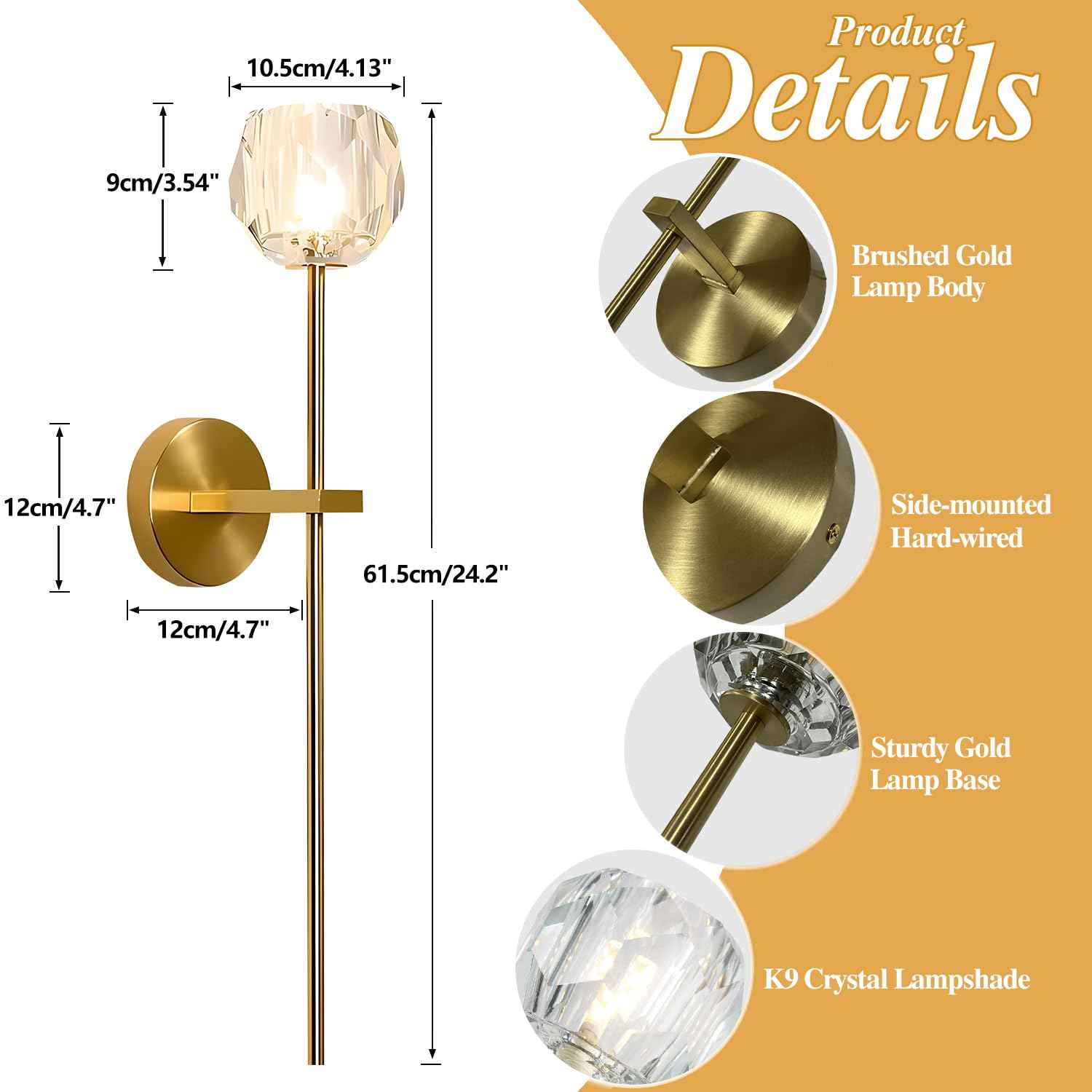 BOKT 1-Light Antique Brass Wall Sconce Lighting Fixture Modern Clear Crystal Ball Wall Sconce Lamp Brushed Gold Long Metal Wall Light Hardwired Bathroom Vanity Light Fixture