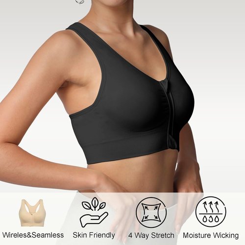 Lemef Front Closure Sports Bra - Wirefree Racerback Design for Post-Surgery Comfort | Mastectomy Support