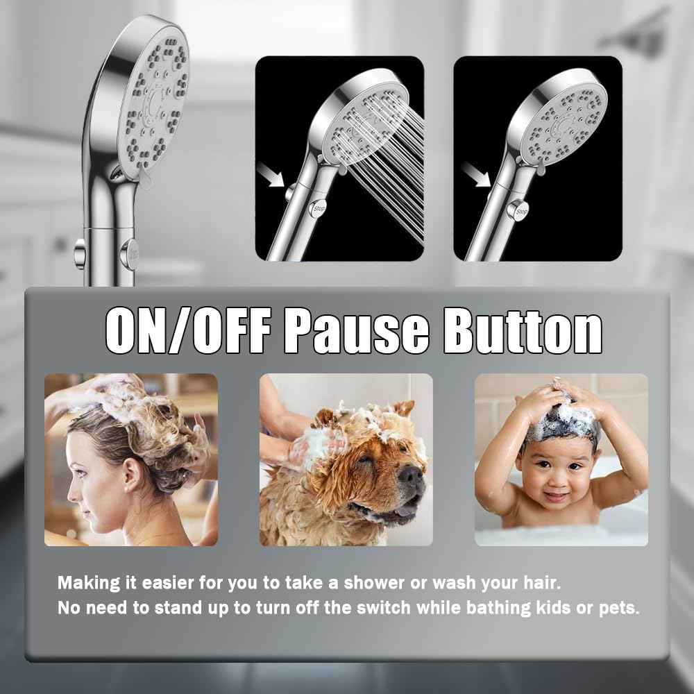 High Pressure Shower Head with ON/Off Pause Switch Button, 5 Mode Handheld Shower Head with Hose and Adjustable Bracket, Chrome, Easy to Wash Hair, Kid Bath, Pet Bath