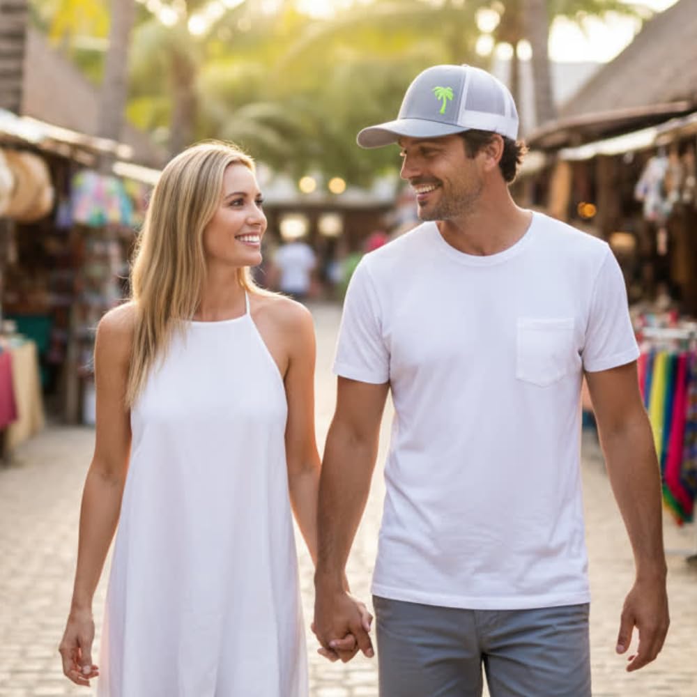 LINDO Trucker Hat [ Palm Tree - Heather White w/Green ]