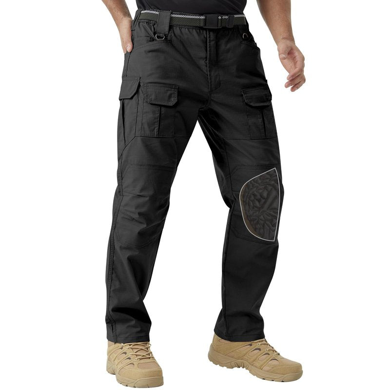 PandaVoy Men's Stretch Tactical Work Pants with Removable Knee Pads, Water-Resistant Ripstop Cargo Pants for Outdoor & Hiking Lightweight Slim Fit Black 32,30