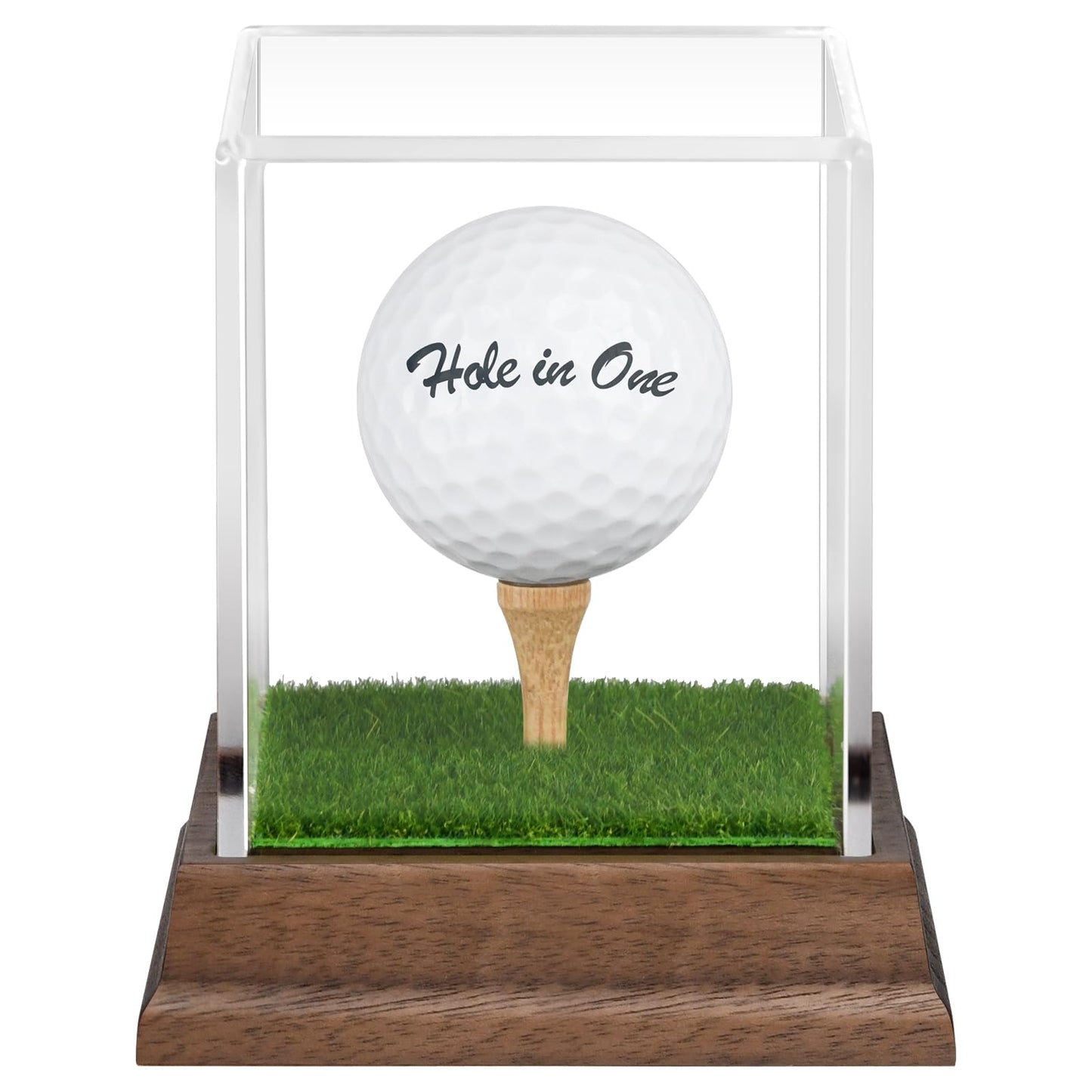 Golf Ball Display Case Hole in One Golf Ball Display Case Holder Wanult Wood Base Acrylic Golf Ball Holder Stand Lifelike Turf Wood Tee Memorabilia Showcase Square Cube Box Stand Golf Gifts Decor