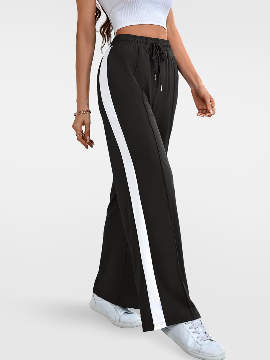 Skiennix Wide Leg Sweatpants - High Waisted Baggy Active Pants with Pockets | Striped Design