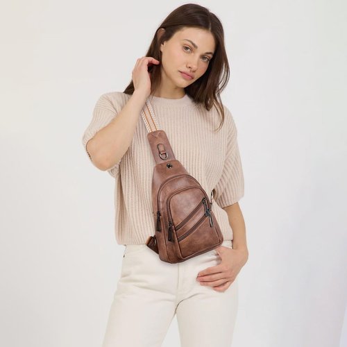 Crossbody Sling Bag by 7L - Vegan Leather Travel Purse | Stylish Brown Fanny Pack for Women