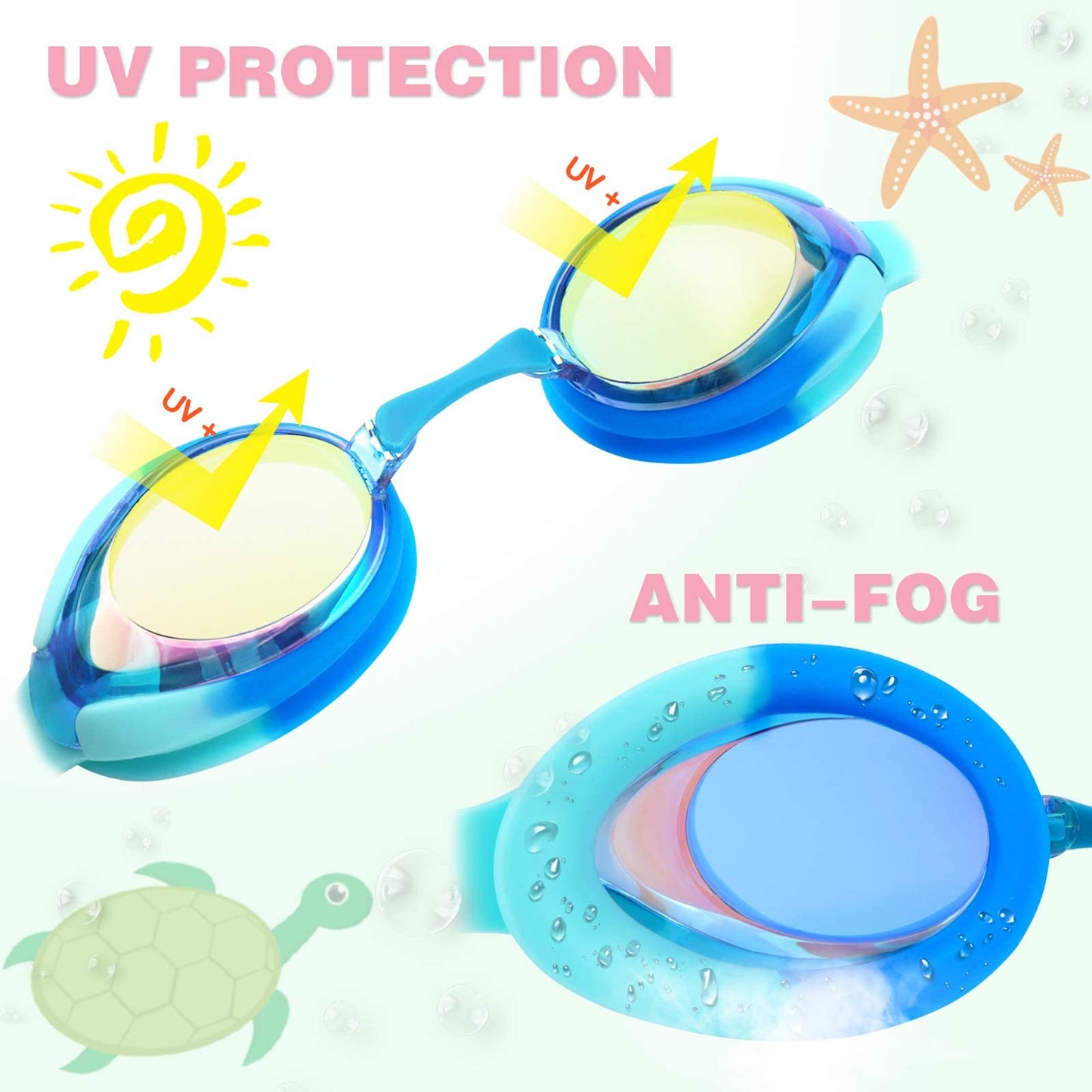 Keary 2 Pack Kids Swim Goggles for Toddler Children Girls Boys Youth, Anti-Fog Waterproof Anti-UV Clear Vision Mirror Flat Lens Water Pool Goggles with 3 Nose Piece