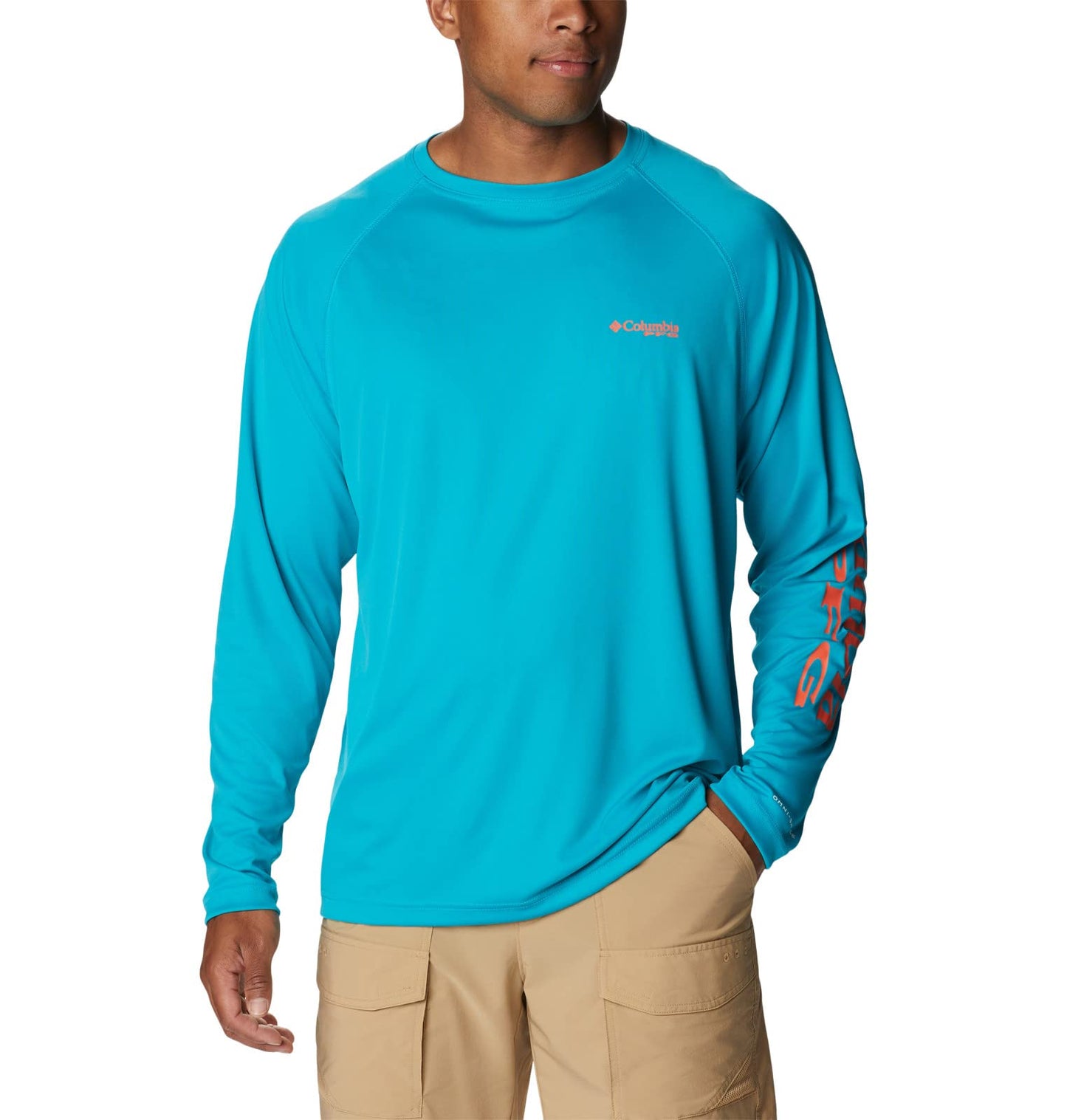 Columbia Men's Terminal Tackle Long Sleeve Shirt, Ocean Teal/Corange Logo, 5X Tall
