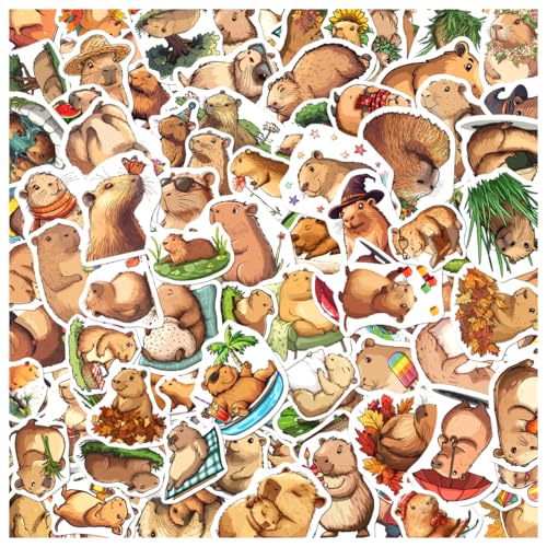 Capybara Vinyl Stickers Pack 108Pcs Cute Animal Aesthetic Cartoon Decals Waterproof for Laptop Water Bottle Skateboard Notebook Scrapbook Perfect Teens Adults Decor Wall