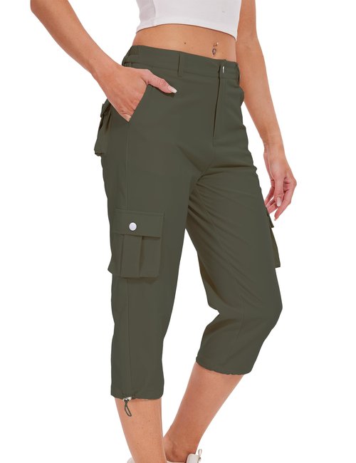 DAOAO Cargo Capris for Women Hiking Pants Casual Summer Quick Dry Outdoor Travel Pull On Capri with 6 Pockets Green L
