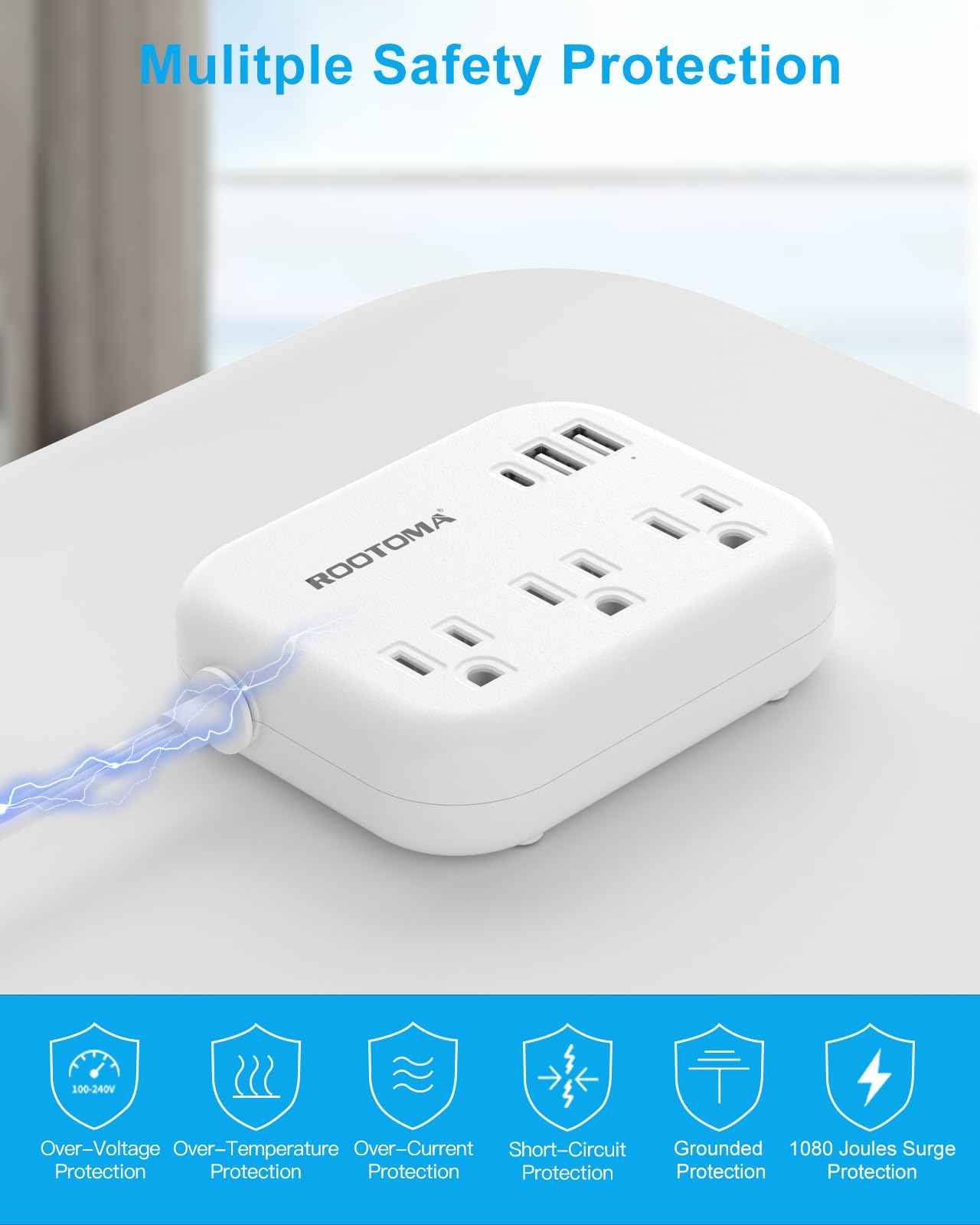 Flat Extension Cord 15 FT Behind Furniture-Ultra Slim Cord Under Carpet, Rug, Door, Long Power Bar with 3 USB 3 Outlets, Low Profile Power Strip for Travel Office Indoor, 1080 Joules Protected