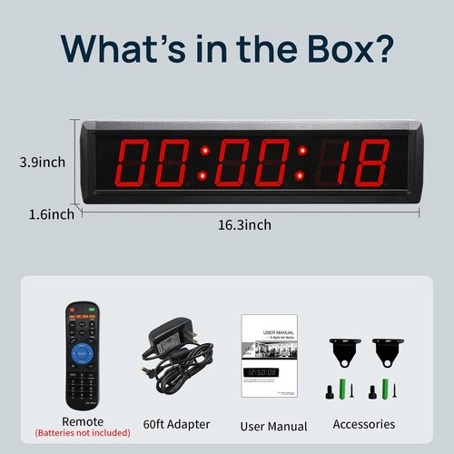 Large Digital Wall Clock by [Brand Name] - LED Stopwatch Timer with Remote Control | 12/24 Hour Format, Red (16.3" x 3.9")