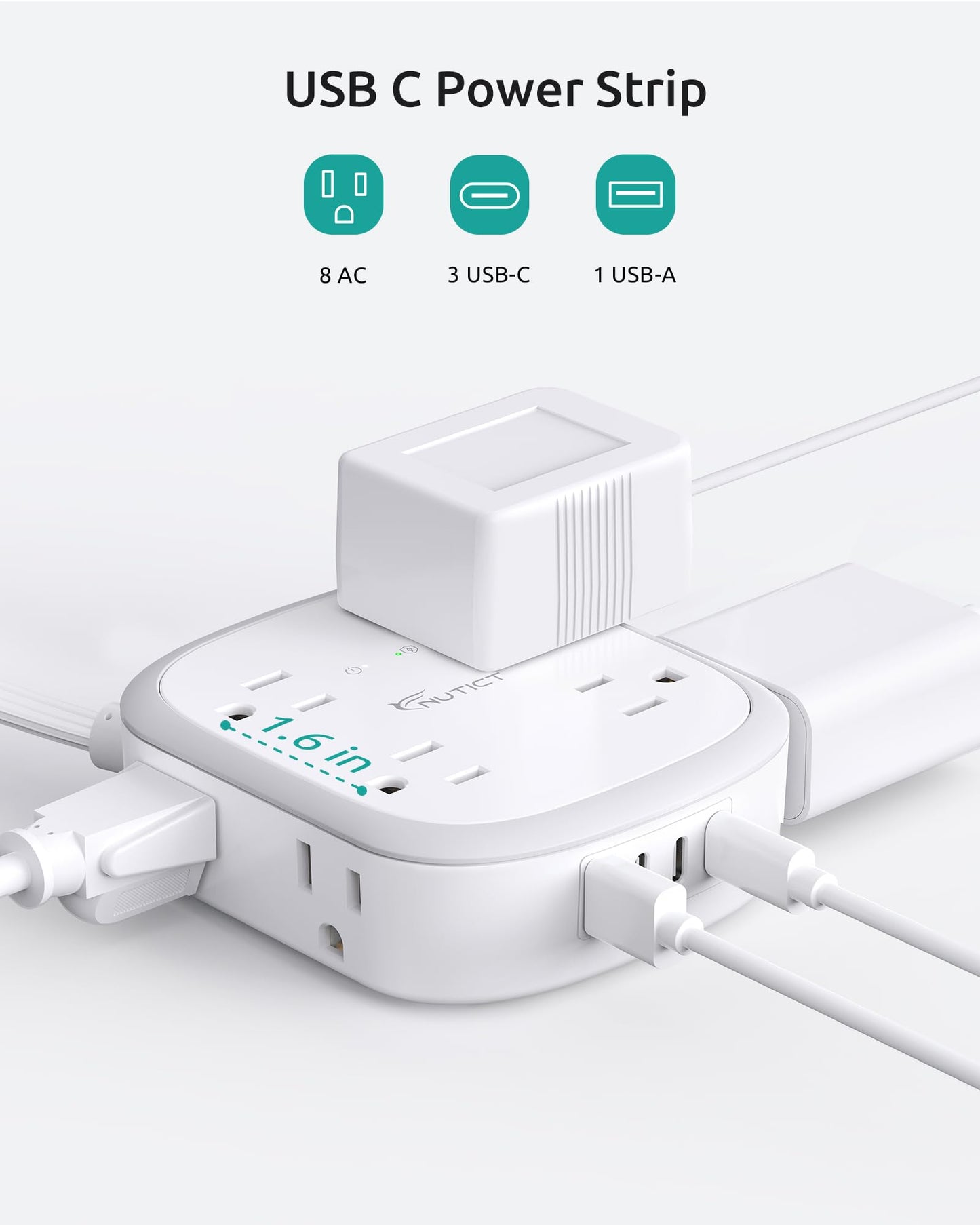 Outlet Cover Extension Cord Flat 6ft, NUTICT Flat Plug Power Strip with 8 Outlets & 3 USB-C & 1 USB-A Port, 13A/1625W, 1440J Surge Protector, Indoor 3 Prong Flat Wall Plug for Tight Spaces, White