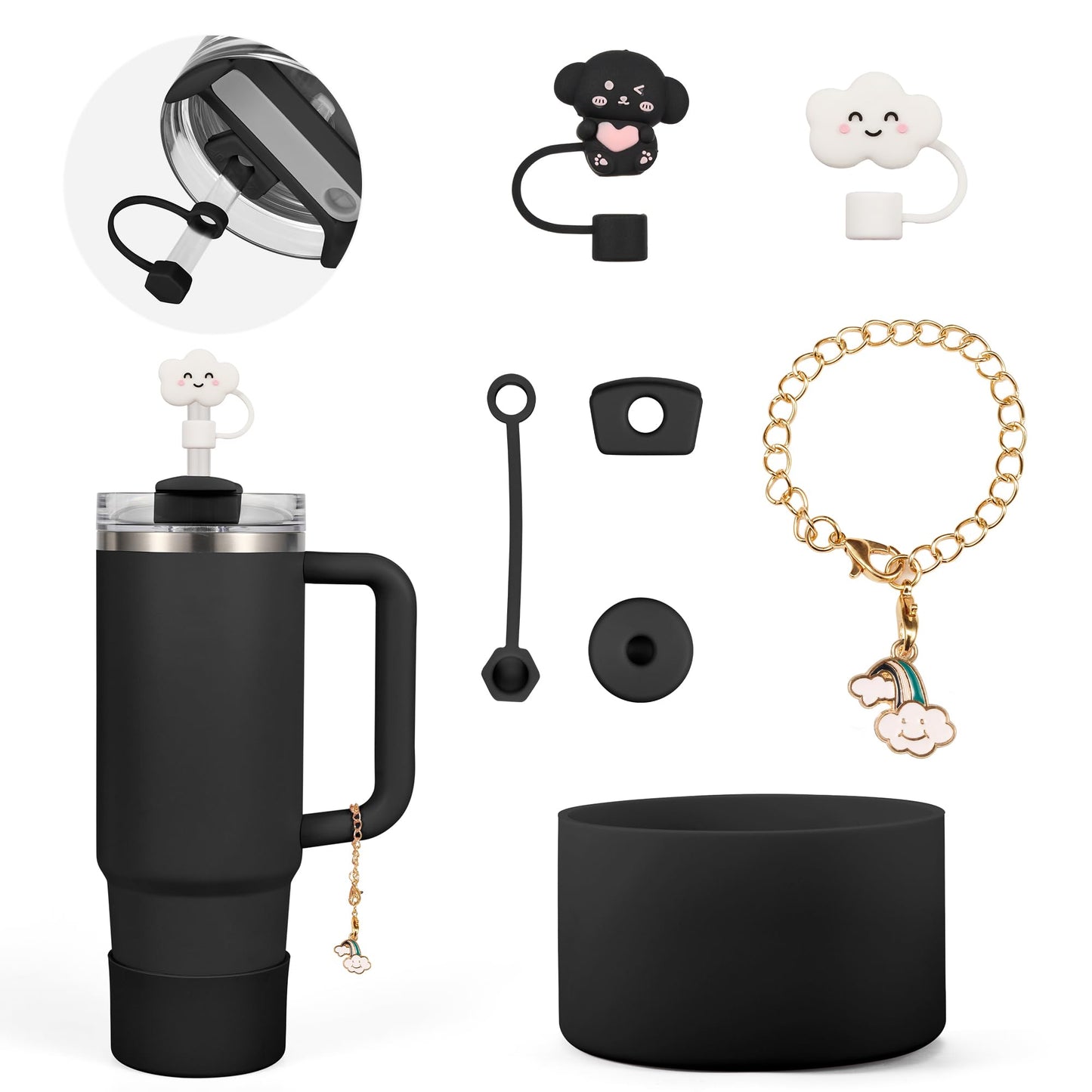 Noxgifix Stanley Cup Accessories Set,with 2 Pcs 0.4in Straw Cover,1 Silicone Protective Boot,3 Silicone Spill Proof Stopper,1 Handle Charm,for Stanley Cup 30&40 OZ Tumbler Accessories Decorate