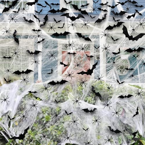 Halloween Spider Web Decorations - 1600 sqft with 100 Fake Spiders & 60 Bats
