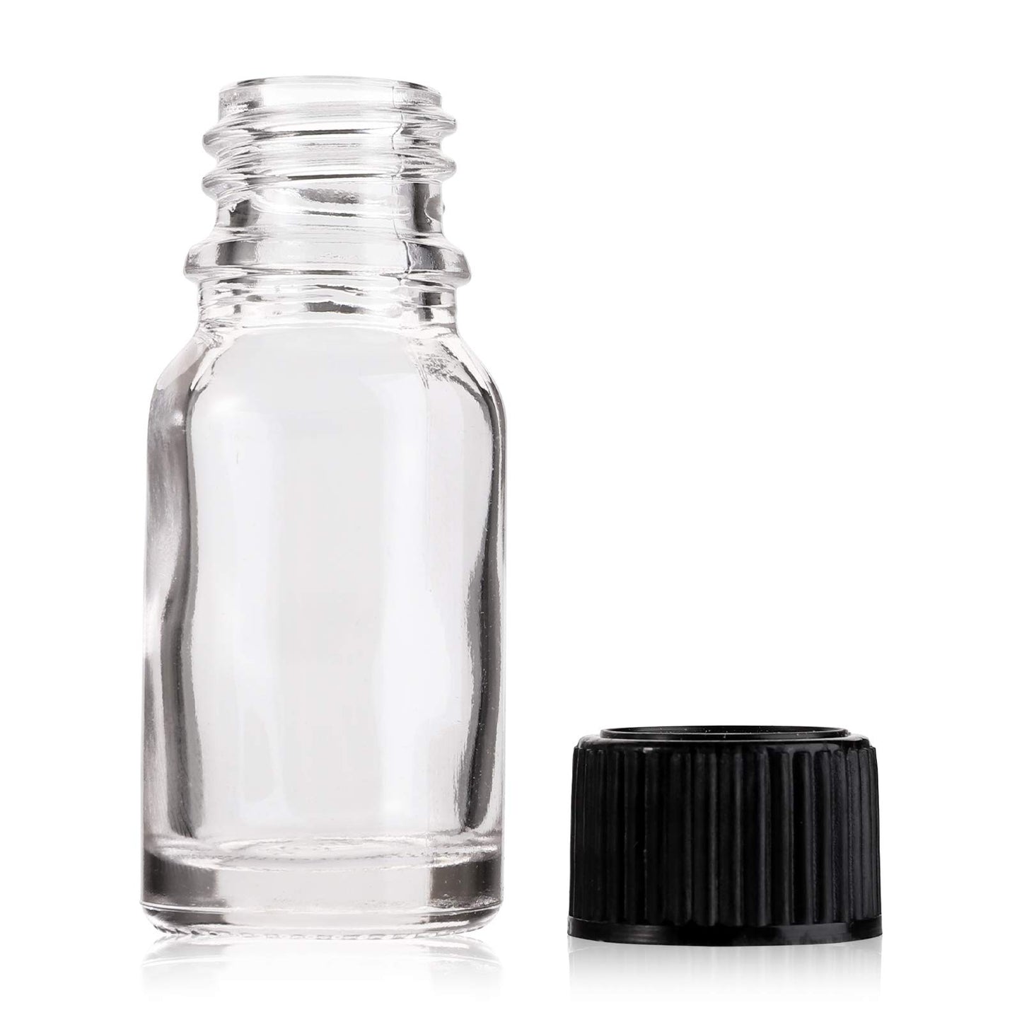 Bekith 48 Pack 10 ml (1/3 oz) Clear Glass Bottles with Black Lids, Boston Round Glass Bottles for Liquids