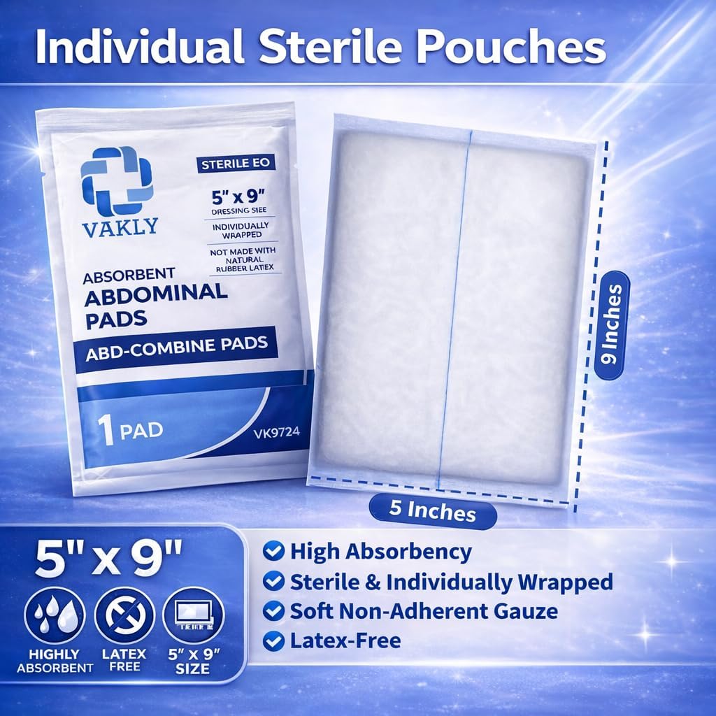 Vakly ABD Pads - Sterile 5x9 Inch Gauze Pads | High Absorbency Non-Adherent Wound Dressing (20 Pack)