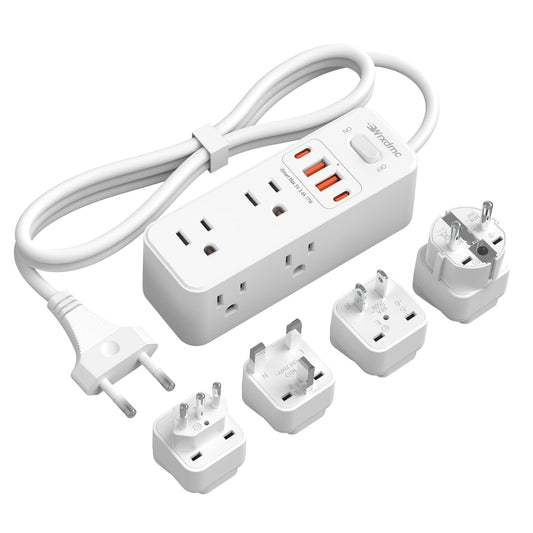 European Travel Plug Adapter, WRXDMC Universal Power Adapter for EU UK DE JP,6 AC Outlets, 4 USB Ports with 5ft Extension Cord, International Power Strip, Compact for Travel, Cruise Ship Must Have