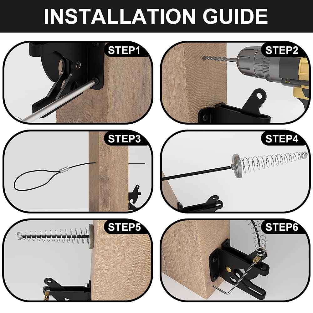 skysen 2 Pack Self Locking Fence Gate Latch Carbon Steel Black/Lock Post Mount with Stainless Steel Spring Cable Pull(JLXSDS-2)