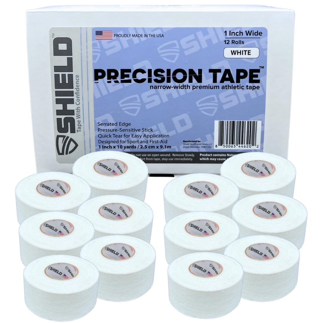 SHIELD Athletic Tape 1 Inch - Precision Cotton Sports Wrap, No Residue - 12 Pack for Fingers & Toes