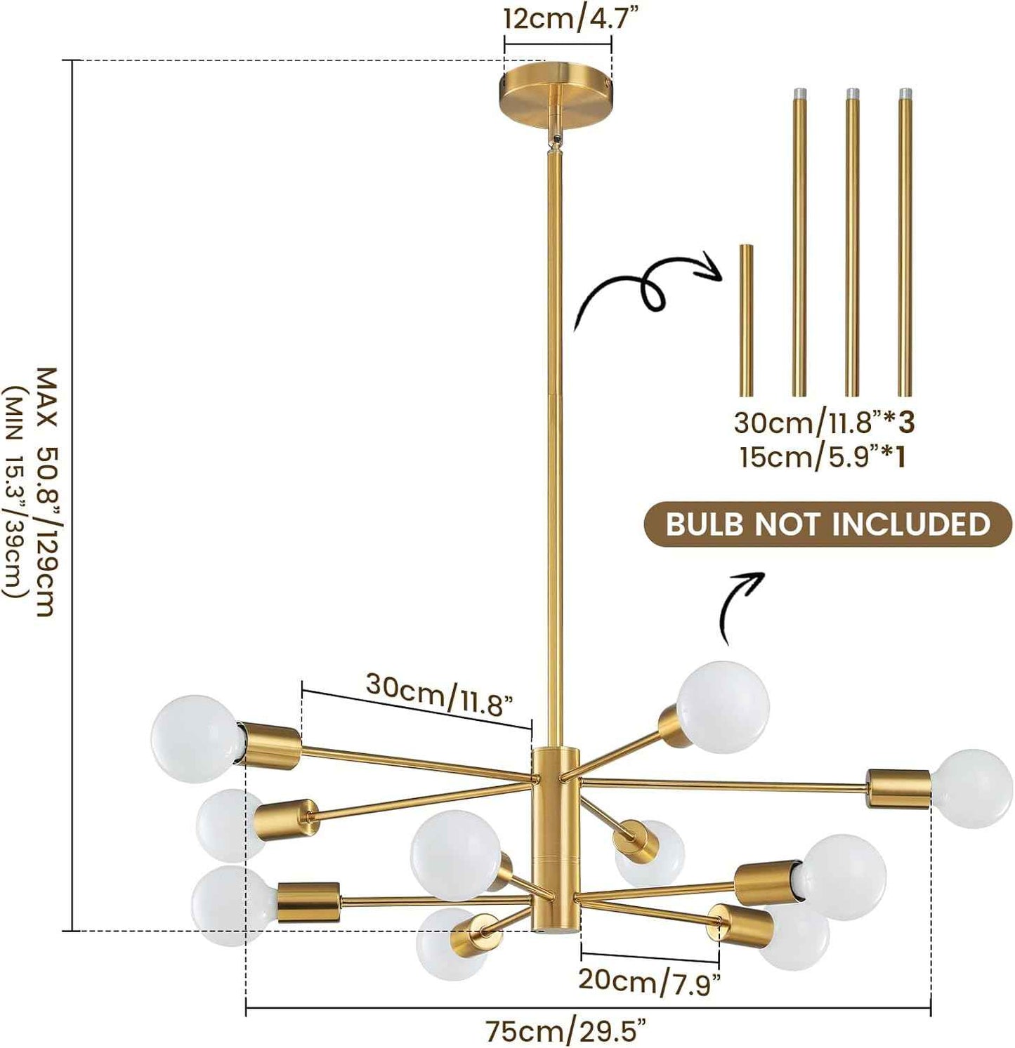 8-Light Gold Sputnik Chandelier - Modern Adjustable Ceiling Light for Dining Room, Kitchen & Foyer