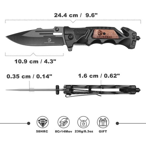 MADSABRE Black Pocket Knife with Clip, 9.6" Work Knife EDC Folding Knives with Seat Belt Cutter and Glass Breaker, Foldable Knife for Survival Camping Hiking Fishing Hunting