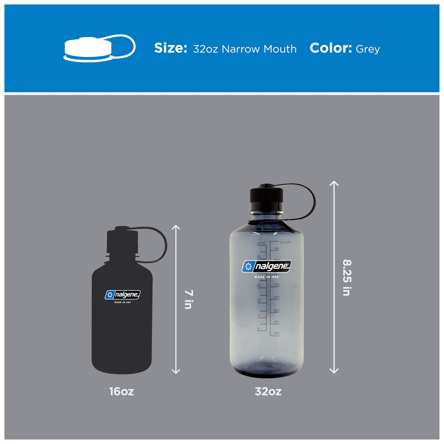 Nalgene 32 oz Narrow Mouth Water Bottle | BPA-Free, Durable & Leak Proof, Lightweight Bottle for Hiking, Gym & Travel, Grey