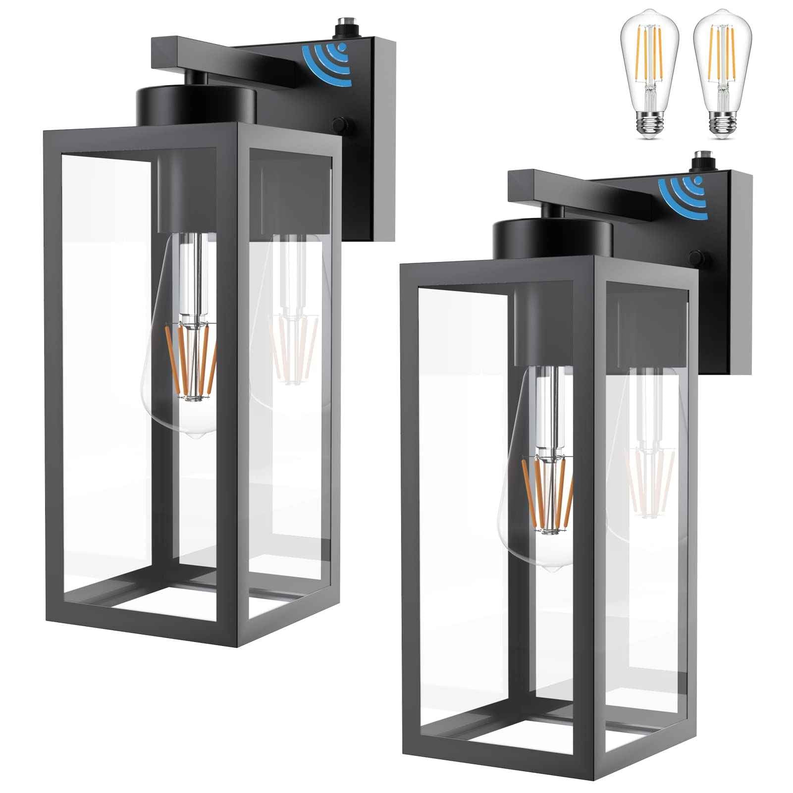 Tipace 2 Pack Outdoor Wall Lantern with Dusk to Dawn Sensor, Matte Black Sensor Exterior Light Fixtures,Exterior Wall Sconce with Clear Glass Shade(2700K E26 Bulbs Include)