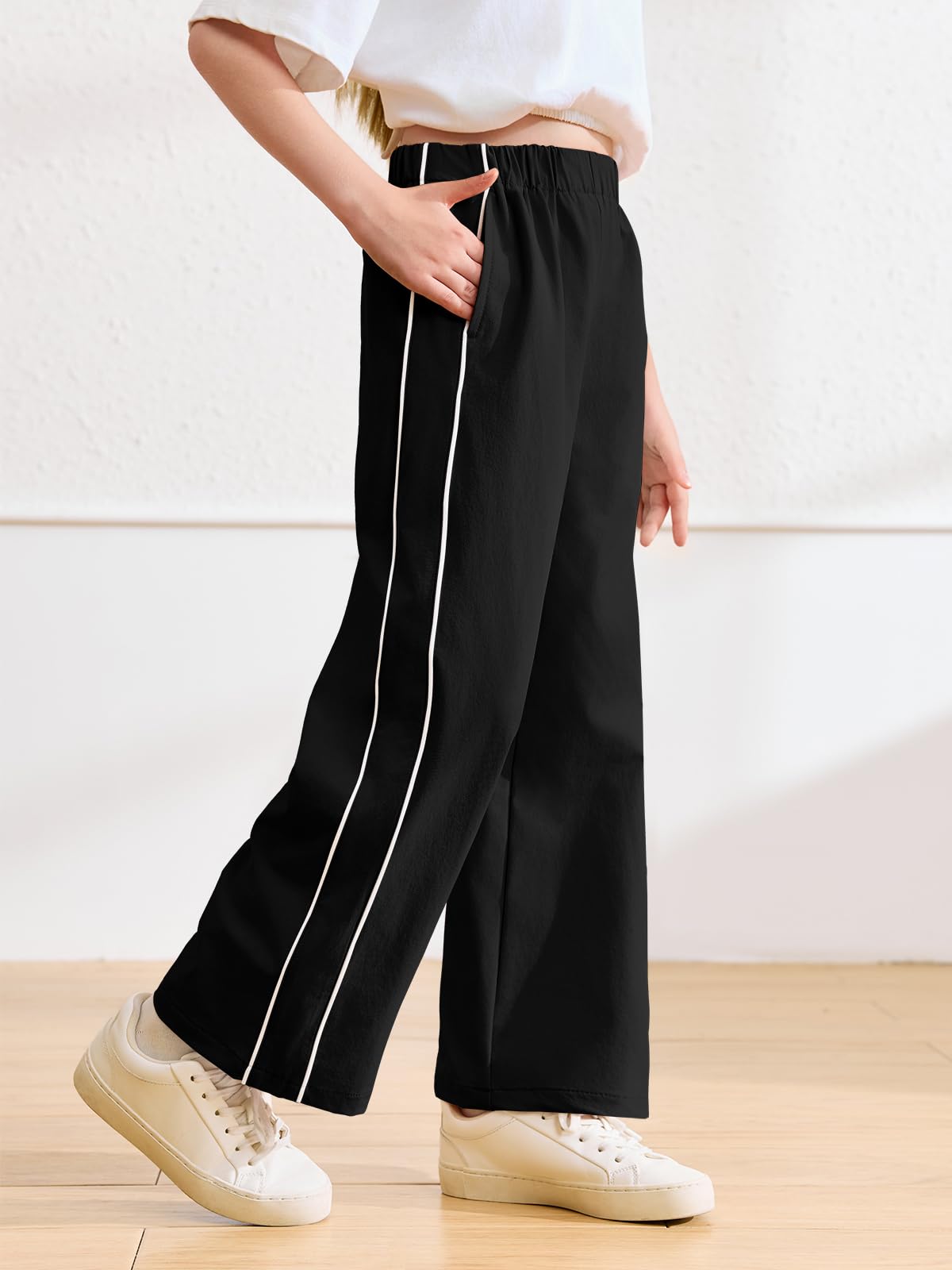 Haloumoning Girls Wide Leg Track Pants Kids Baggy Striped Parachute Pants Athletic Joggers with Pockets 5-14Y Black