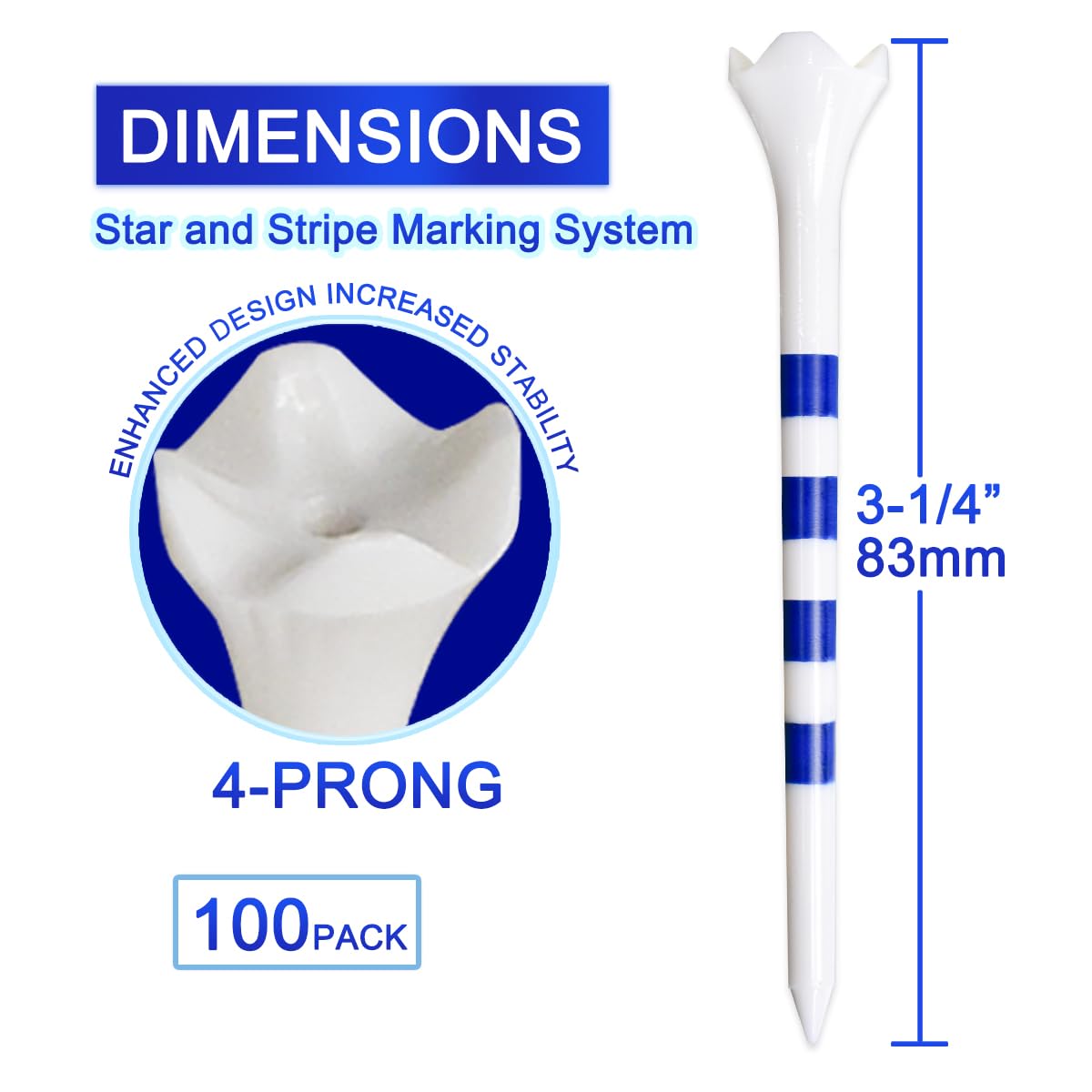 Golf Tees3 1/4" -100 Pack, Plastic Golf tees 3 1/4 inch 4-Prong Long Plastic Tees – Reduce Friction&Side Spin,Enhanced Durability & Stability,Also able to Work with a Variety of Drivers, hybrids.