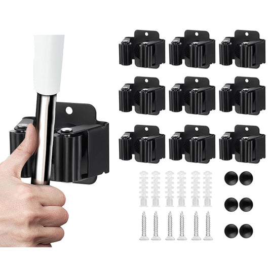 JAMEND CLXP 9PCS Broom and Mop Holder, Heavy Duty Garden Tool Organizer Rack Rake and Shovel Handle, Stainless Steel Mop Hanger. Screws for Wall Mounted. Matte Black