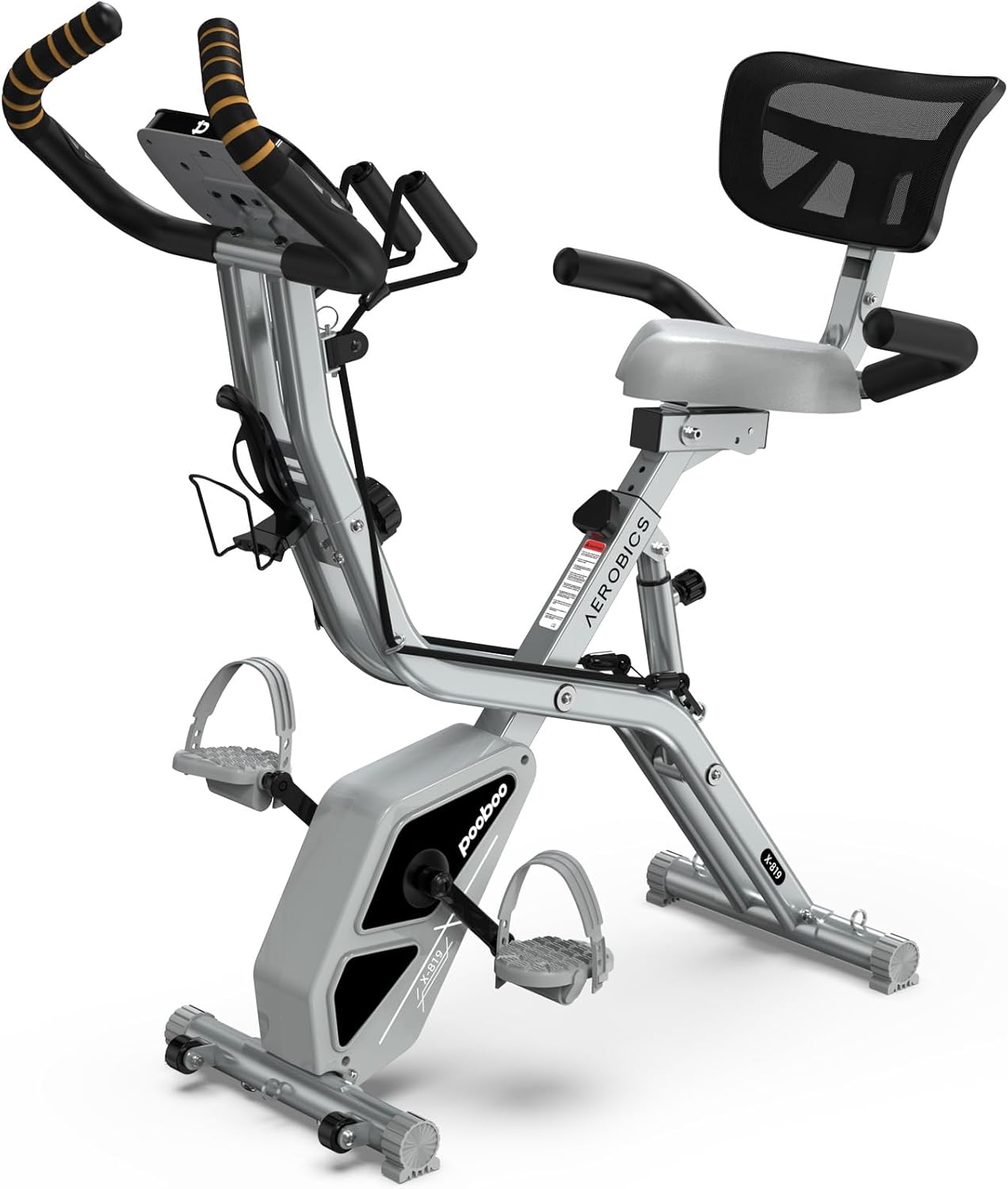Pooboo Folding Exercise Bike - Foldable Upright Stationary Bike with 8-Level Resistance | 300LB Capacity, Back Support Cushion