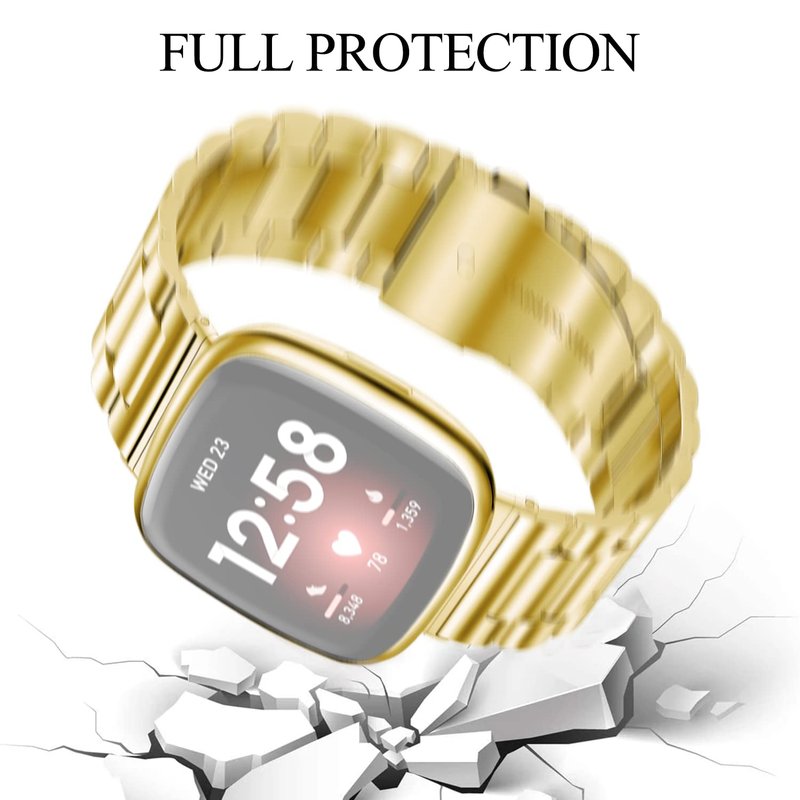 ZPJPPLX for Fitbit Versa 3 and Fitbit Sense Metal Quick Release Straps,Stainless Steel Band with Soft TPU Full Cover Protective Cases for Women Men,Gold