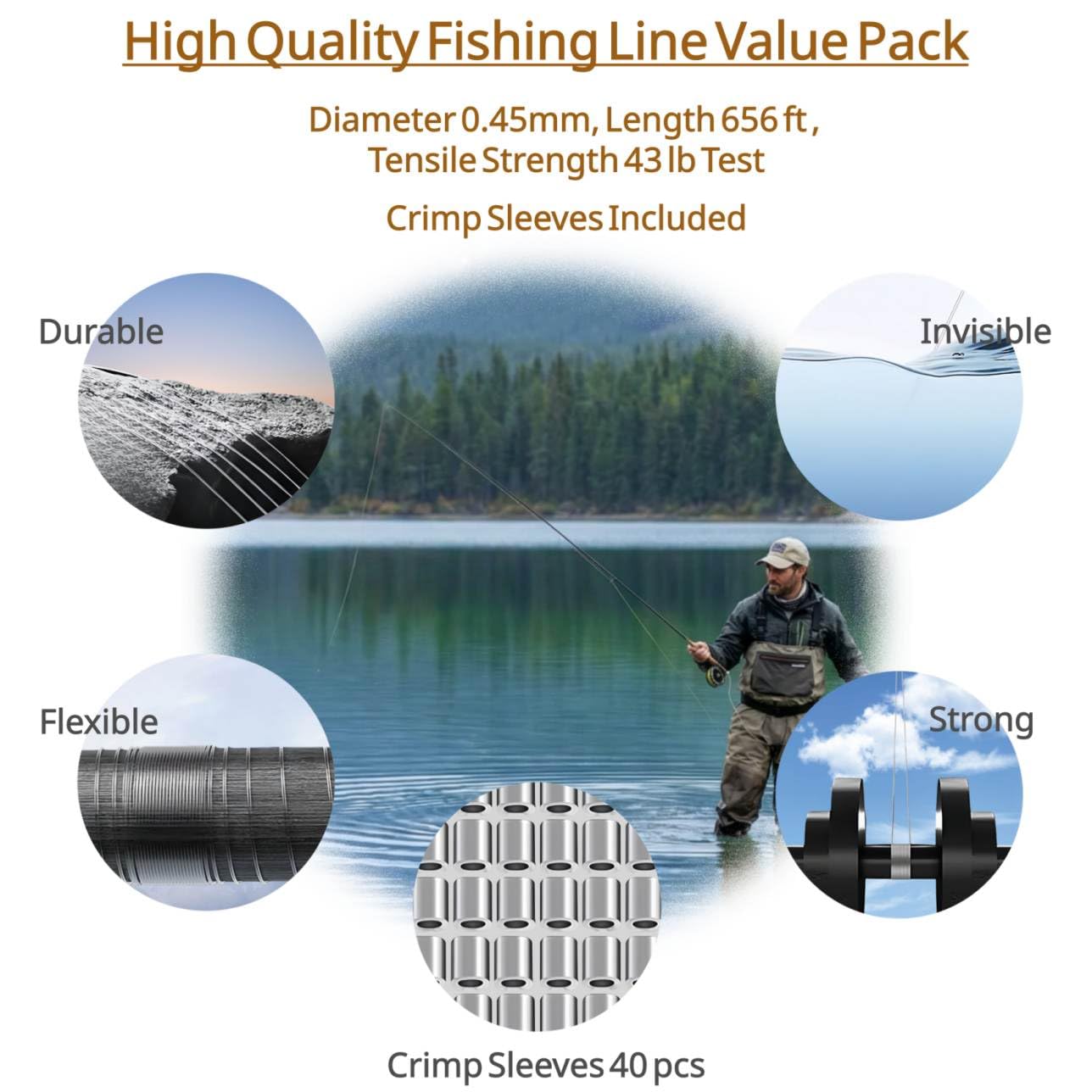 Aboda Clear Fishing Line 0.2-1 mm, Strong Invisible Nylon Fishing Wire 8-100 lb Test Includes Crimp Sleeves, Clear String for Hanging Decorations Balloons Garlands Beading Crafts & Jewelry
