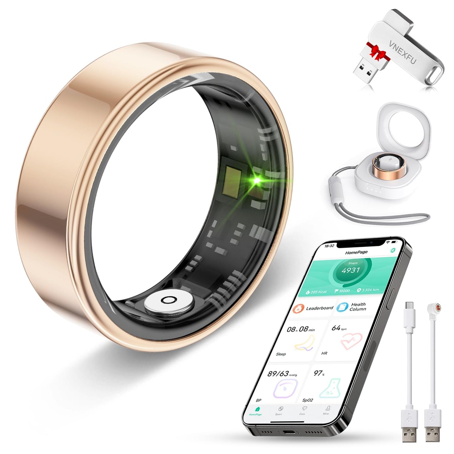 Smart Health Ring for Women Men Fitness Tracke IP68 Waterproof Fitness Ring with Heart Rate/Blood Pressure/Blood Oxygen/Sleep Tracker/Step/Calories for iOS and Android,No Subscription Fee,Gold 14