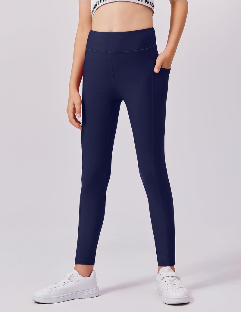 Zaclotre Girls Fleece Lined Leggings Warm Winter Running Tights for Kids High Waist Athletic Yoga Pants with Pockets Navy Blue
