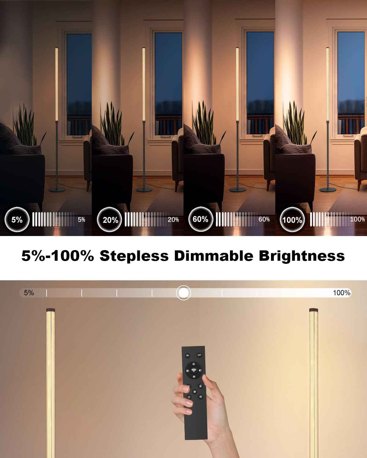 Minimalist Corner Floor Lamp - 3000K-6000K LED Linear Standing Lamp - Dimmable Modern Floor Lamp with Remote & Foot Switch for Living Room, Bedroom -12W (Black)